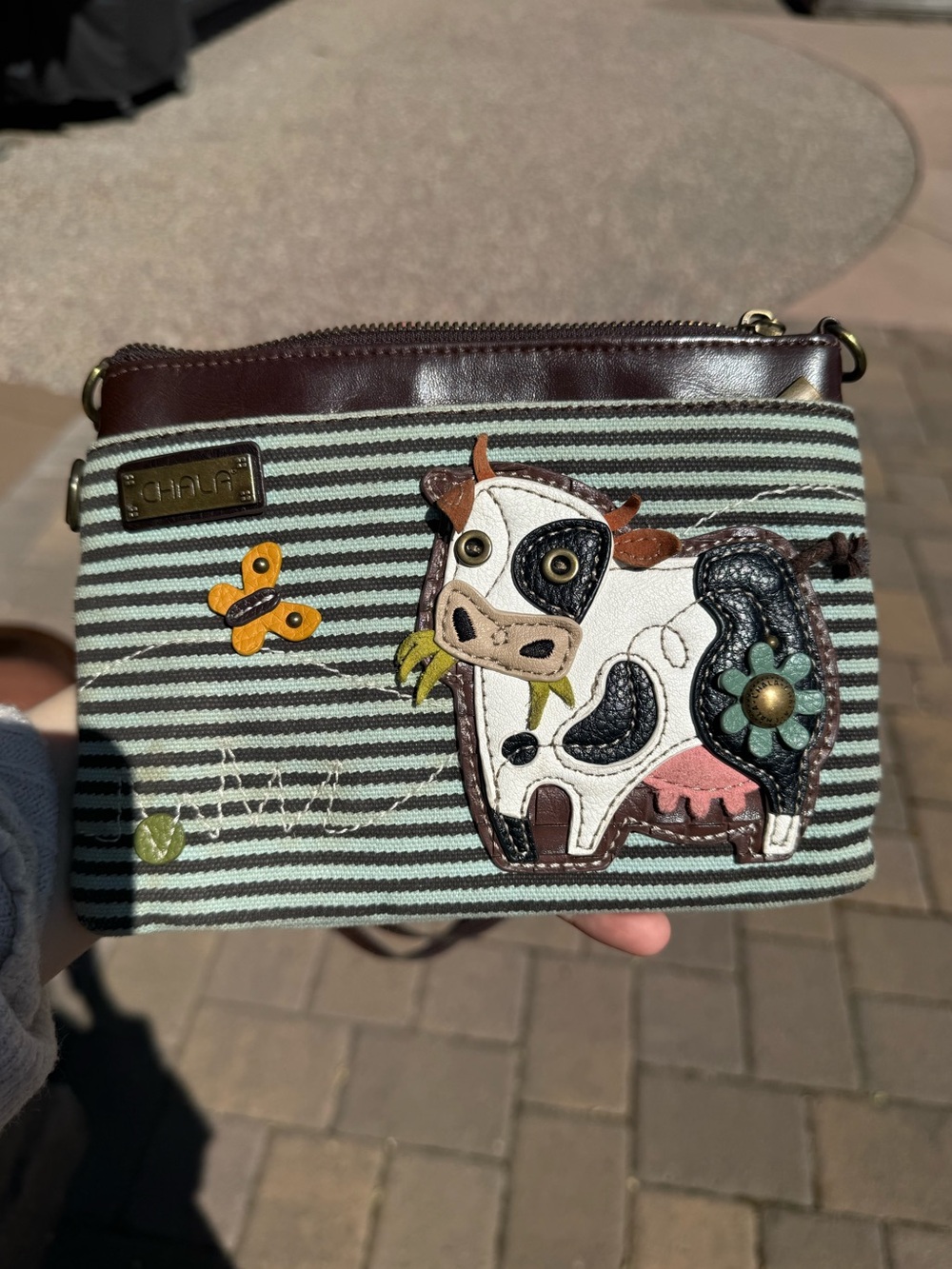 Chala Mint & Brown Cow Applique Crossbody Wristlet